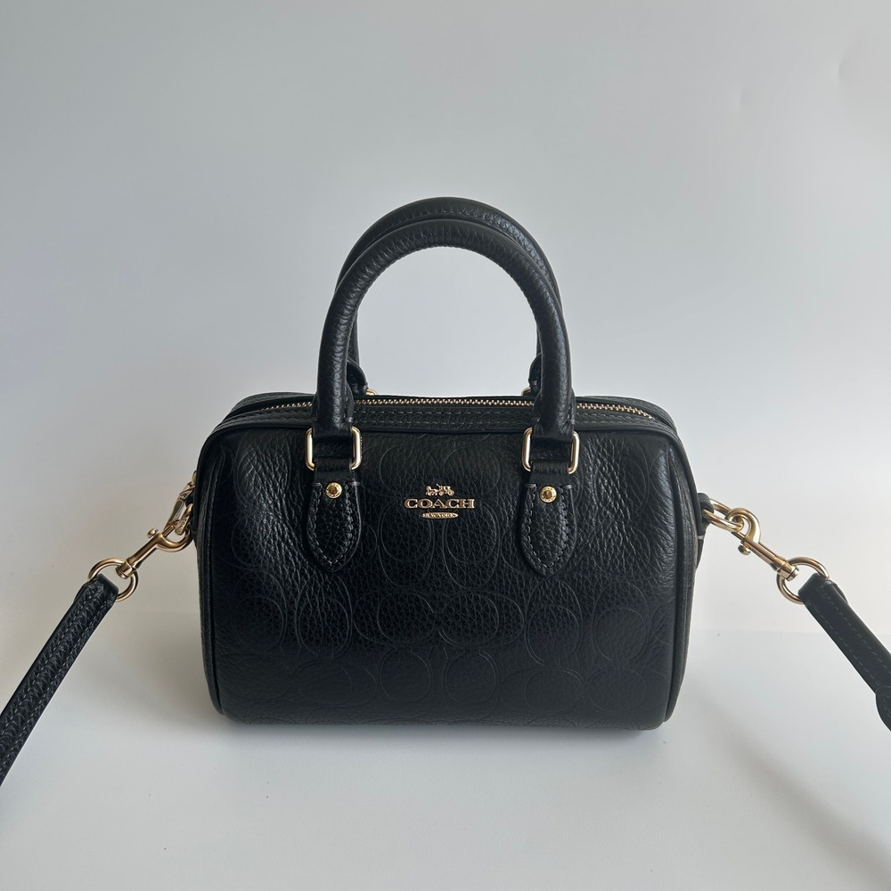 Coach Mini Rowan Black Signature Embossed Leather Crossbody Bag CCF28